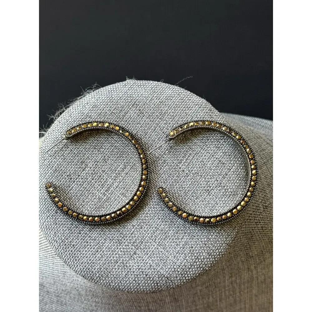 Metal Stud Hoop Earrings Rhinestones Crystal Bead Metallic Gold Tone Pierced